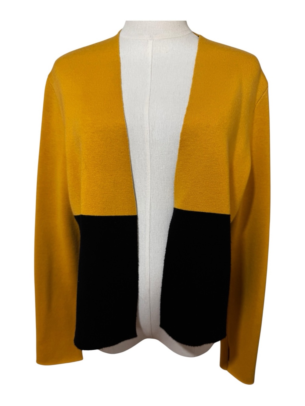 Worth New York Mustard Yellow Black Colorblock Open Front Wool Blend Cardigan M